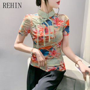 REHIN Retro style design buckle high-neck short-sleeved T-shirt pattern printing women blouse