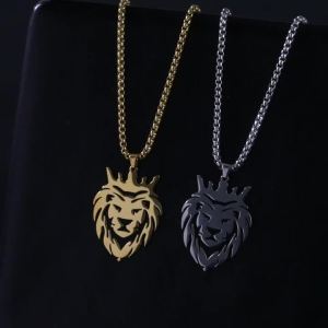 Stainless Steel Lion With King Crown Necklaces Animal Pendant Mens Box Chain Choker Necklace For Women Jewelry Party Men Gifts