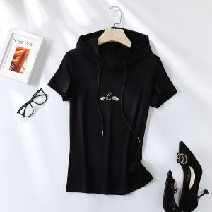 Exquisite Embroidered Cotton Short Top Women Thin Short sleeve Hoodie Slim fit Hoodie Mercerized Cotton T-shirt Women Summer