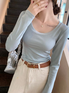 เสื้อยืดแขนยาวสีเทา ทรงเข้ารูป เสื้อชั้นในบาง สำหรับผู้หญิง ฤดูใบไม้ร่วง เสื้อผ้าทำงานสไตล์เกาหลี ทรงเข้ารูป เสื้อผ้าทำงาน