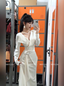 Syj Shuyijia French Style V-neck Shirt Womens High Waist Bloomer Halves Skirt Two-piece Set plus Size Commute Fashion