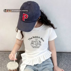 Summer Fashionable Ruffle Edges Asymmetric Easy Match Cotton Girls T-shirt