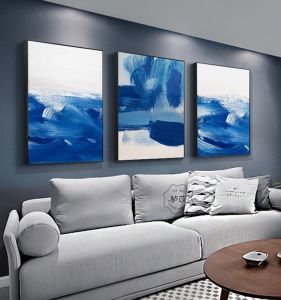 Scandinavian Living Room Decorative Painting Modern Simple Personality Creative Background Wall Three-Piece Painting Dining Room Abstract Blue Art Paintings