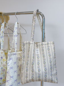 Korean Style Purple Butterfly Knot Floral Canvas Bag Cotton Bag Sweet Cute Underarm Bag Versatile Womens Bag Student