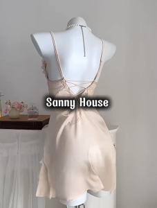 Váy Ngủ D721 Lụa Quảng Châu Cao Cấp Đính Nơ Bèo Tiểu Thư - Dưới 56kg