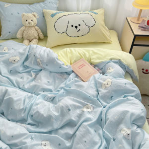 Soft Young Adult Cute Girl Polka Dot Bear Washed Cotton Bedding Four-Piece Set Dormitory Bed Sheet Duvet Cover Three-Piece Fitted Sheet