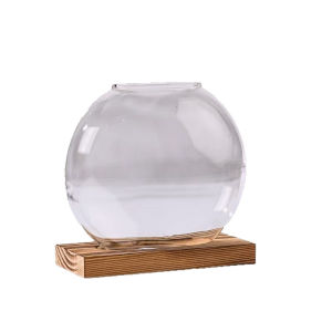 Lọ Hoa Thủy Tinh Có Đế Gỗ Sáng Tạo Với Cây Thường Xuân Xanh - Chậu Hoa Trong Suốt Để Trang Trí Bàn Làm Việc Tại Nhà Và Văn Phòng