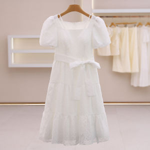 Embroidered Lace-Up Cinched Waist Square Neck Dress