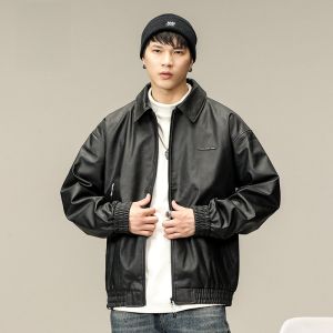 ROMON | Romon Mens Leather Jacket Loose Casual Stylish Trendy Biker Collar Zipper Decorated Fashion Urban Style Autumn Season Youth