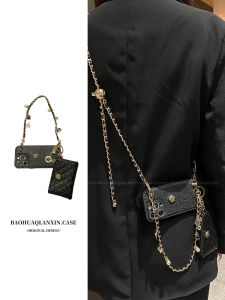 Black Camellia Leather Phone Case Card Holder Crossbody Bag for Apple 15Promax iPhone 14Pro Hand Chain 13 Diagonal New Model 14Promax Luxury Vintage 11