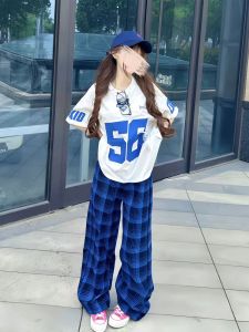 ZHUOCAN | American Vintage Blue Check Loose Fit Summer Casual Pants