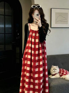PEIZIXUAN | French Attractive Red Check Halter Dress