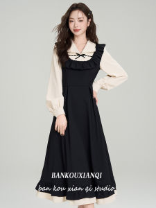 Black French Vintage Hepburn Style Half-Mouth Fairy Autumn New Womens Dress Floral Edge Fake Two-Piece Waist-Cinched Midi Skirt