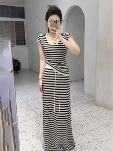 YUEZHONGWEI | Summer Outfit 2025 Striped Color Block Top And Skirt Set Korean Style Commute Fashion Slim Fit Short Sleeve U Neck Regular Length