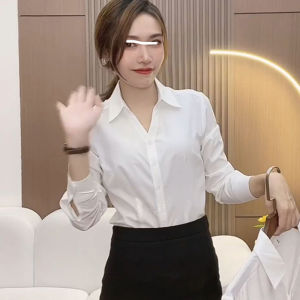 Summer Thin V-neck Professional White Shirt Womens OL Formal Shirt Top High-end Hotel Front Desk Work Uniform Polyester Fiber Pure Color Commute Style