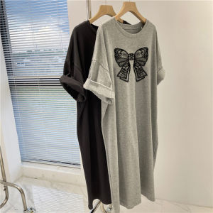 New 2025 Womens Casual Short Sleeve Knee-Length T-Shirt Dress Loose Comfortable Mid-Length Slimming Summer Dress