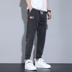 ROMON | Romon Mens Summer Thin Casual Loose Fit Denim Jeans Elastic Waist Youth Trendy Workwear Sweatpants Long Trousers