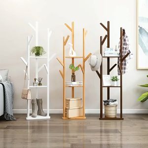 Shira Coat Rack 165CM 3Layers Storage Triangle tree-shaped clothes rack 8 Hooks Bamboo Coat Rack  Bag Organizer