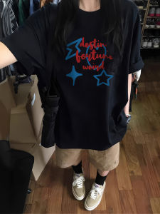 เสื้อยืดคอกลมแขนสั้นผ้าฝ้ายสีดำสำหรับผู้หญิง ทรงหลวม แฟชั่นฤดูร้อน เสื้อชั้นในสไตล์อเมริกัน ไม่ซ้ำใคร เสื้อตัวบน