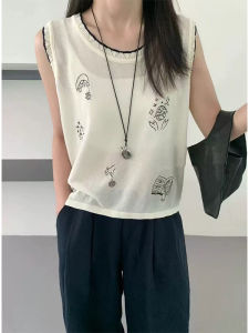 YUEZHONGWEI | เสื้อกั๊กไหมน้ำแข็งถักคอตุ้มกลมสไตล์ฝรั่งเศสสำหรับผู้หญิงในฤดูร้อน เสื้อแขนกุดหลวมๆ ดีไซน์เก๋ไก๋ ใส่ได้ทุกวัน