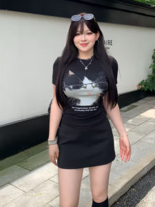 plus Size Womens Cat Shoulder Top And Shorts Two-Piece Set Summer Slimming Fashionable Retro American Style Cotton round Neck