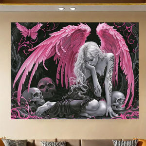 Tấm Thảm Treo Tường Thiên Thần Gothic Tối Màu VIKAMA Với Họa Tiết Đầu Lâu Cánh Hồng Phong Cách Công Nghiệp Trang Trí Phòng Ngủ Quán Bar Không Gian Cá Tính Trang Trí Nhà Cửa Chất Liệu Polyester