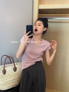 Delicate Purple Knitted Short Sleeve V-Neck T-Shirt Women Summer Slim Fit Ice Silk Shoulder Length Top Thinming Thin Bodycon