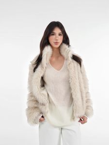 Autumn Winter Beige Turn-Down Collar Fur Coat