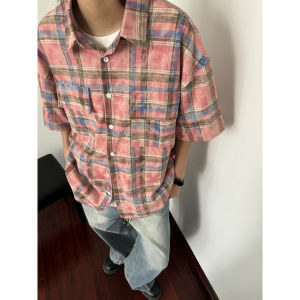 Summer American Style Gingham Crack Print Short Sleeve Shirt Mens and Womens Retro Lapels Couple Casual Easiest for Match Half Sleeve Shirt