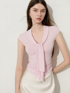D-PLAY | Pink Turn-down Collar Tie-front Short Sleeve Tencel Womens Blouse