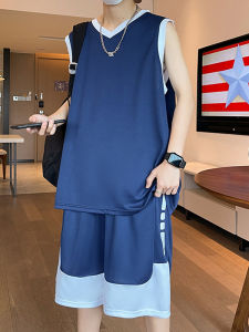 Ice Silk Sports Set for Men Summer No Sleeve T-Shirt Vest Shorts Basketball Uniform Casual Sportswear Teenage Boy Polyester Fiber