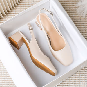 Genuine Leather Sandals Women Summer New Square Head One-Strap Office Thick Heel Single Shoes Large Size Female Shoes 41 to 43