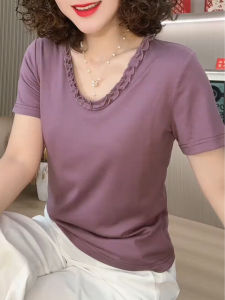 UYFY | Summer New Womens Purple T-shirt V-neck Short Sleeve Thin Style Fashionable Versatile Loose Fit Casual Comfortable Top