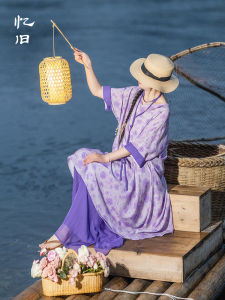 Romantic Smoke Purple Floral Print Loose Asymmetrical Dress Lightweight Spring Summer Womens Fashion Commute Style Gown