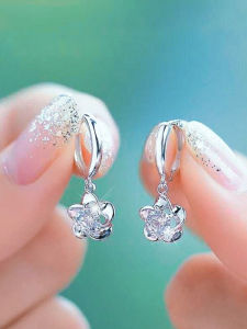 Elegant Pure Silver Diamond Embedded Flower Stud Earrings Korean Style Womens Fashion Jewelry Fresh out Ear Cuff