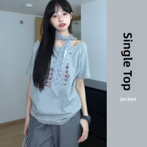 YUEZHONGWEI | Gray Shoulder Bared Short Sleeve T-Shirt Womens Loose Fit Cotton Retro American Letter Print Summer Top Korean Style Commute