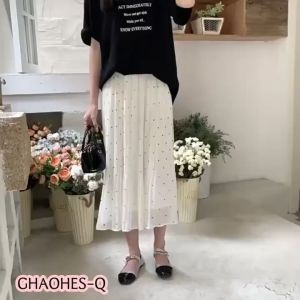 แฟชั่น เวอร์ชั่นเกาหลี จุดเวฟ ชีฟอง เอวสูง เผยผอม กระโปรงยาวกลาง กระโปรงหางปลา กระโปรงจีบ มีซับใน 2036