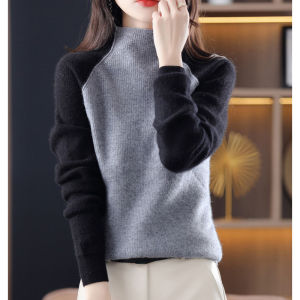 เสื้อสเวตเตอร์ถักคอสูงแขนยาวสไตล์ย้อนยุคสไตล์ฮ่องกงสำหรับผู้หญิงไซส์ใหญ่ ชุดชั้นในแฟชั่นฤดูใบไม้ร่วง ผ้าฝ้ายผสมโพลีเอสเตอร์