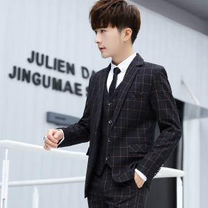 Mens Suit Set Three-Piece Suit Silm Suit Business Student Casual Stripes Groom Wedding Suit Trendy Outwear