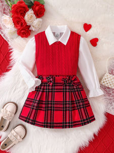 Childrens Spring and Autumn New Girl Fashion Cute Three Piece Set Knitted Red Tank Top+Lace Collar Lining+Checkered Half Skirt