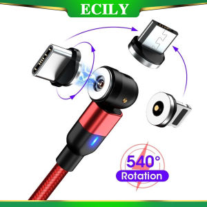 ECILY สาย Pengisi Daya Magnetik 540องศาหมุนได้ USB ชนิด C สายแม่เหล็กไมโคร USB สายชาร์จ USB สำหรับ Samsung Xiaomi สาย USB โทรศัพท์