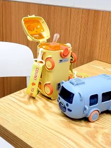 500ml Kid Bus Straw Water Cup Cartoon Car Shape Drinking Cup Leak-Proof  Water Bottle for kids Botol Air