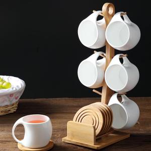 Creative Bamboo Plate and Stand Ceramic Coffee Cup Set 6 Pieces
