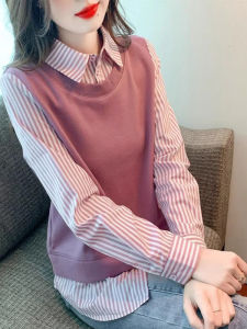 เสื้อเชิ้ตสเวตเตอร์คอปกแขนยาวหลวมๆ ลายทาง 2025 ฤดูใบไม้ร่วงใหม่ ชุดสองชิ้นปลอม สำหรับผู้หญิง เสื้อผ้าทำงาน ผ้าฝ้ายผสม