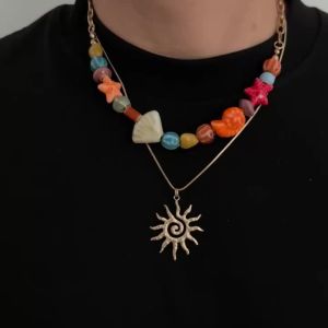 Ingemark | Ingemark 2 Pcs/Set Y2K Colorful Ceramic Sea Star Conch Bead Choker Necklace for Men Punk Retro Spiral Sun Pendant Necklaces New