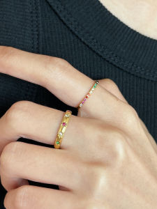 Magicboxacc Rainbow Colored Diamond Embedded Ultra Fine Gold Plated Titanium Steel Ring