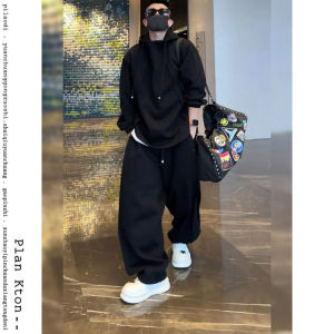 ชุดลำลองชายฤดูใบไม้ผลิและฤดูใบไม้ร่วง ชุดเสื้อสเวตเตอร์และกางเกงขายาวทรงตรง 2 ชิ้น ทรงหลวม เอวยางยืด แฟชั่นสตรีท