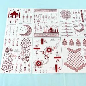 8Pcs Red Lace Henna Temporary Tattoos for Women Flower Instant Fake Tattoo for Hand Star Moon Temporary Tattoo for Wedding Party