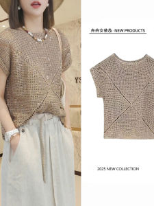 เสื้อสเวตเตอร์คอปกกลมแขนสั้นสไตล์เกาหลีสำหรับผู้หญิงในช่วงฤดูร้อน ดีไซน์วัสดุอื่นๆ แบบหลวมๆ ลำลอง