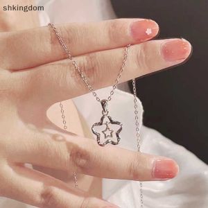 [ILOVEDIY] Silver Hollow Star Necklace Fashion Millennium Hollow Star Pendant Stainless Steel Simple Collarbone Chain Women Fashion Line Necklace